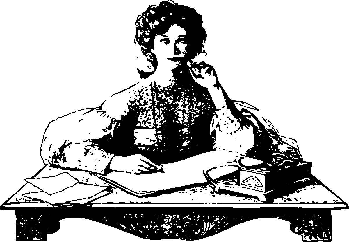 drawing of woman at table thinking